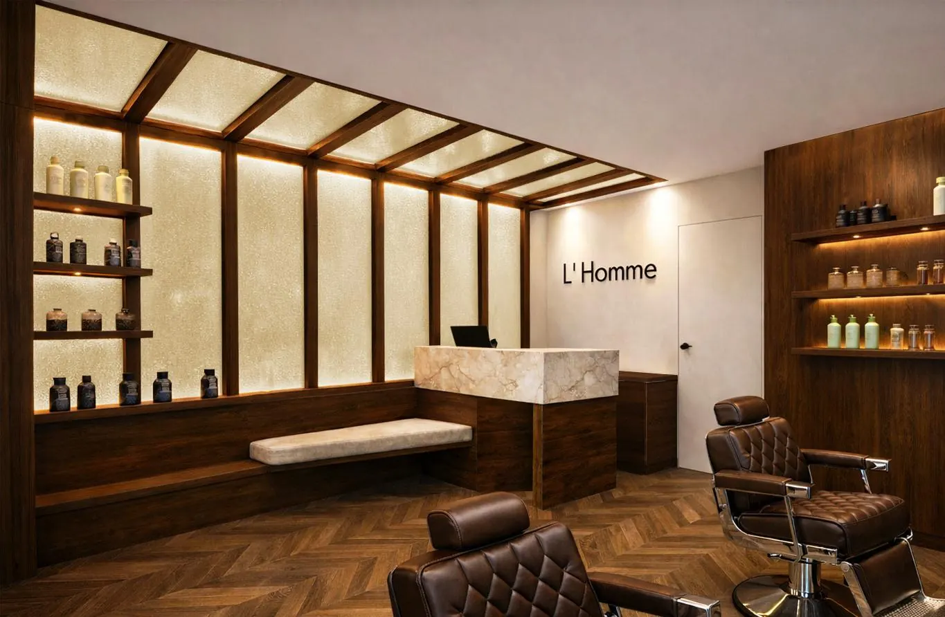 Espace d'accueil et fauteuils de barbier du Le Cercle par L'homme